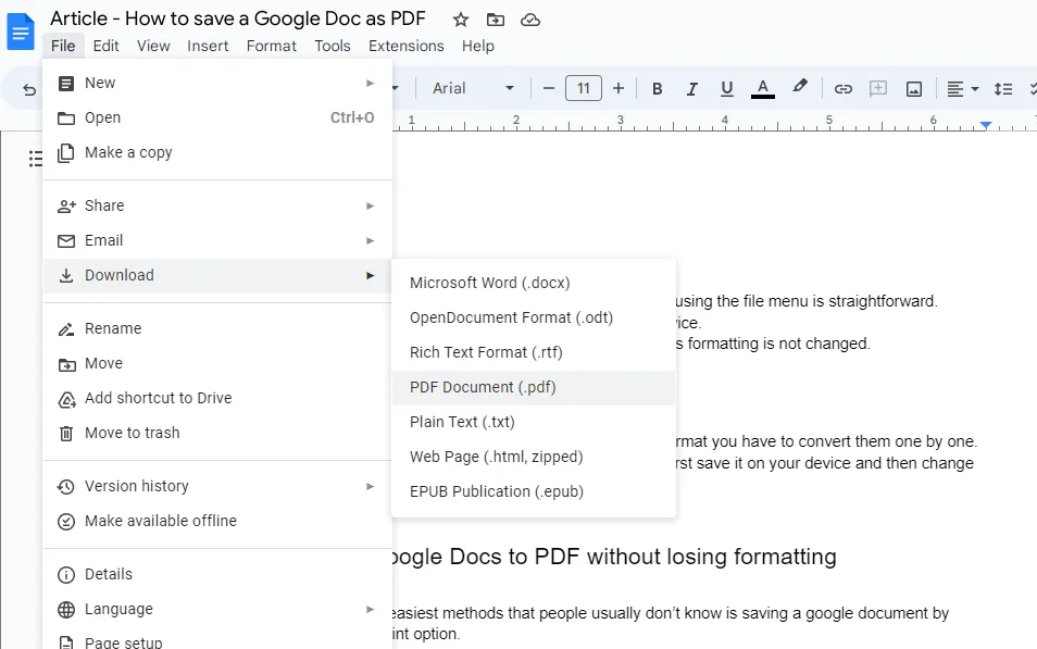 download google doc to pdf using the file option