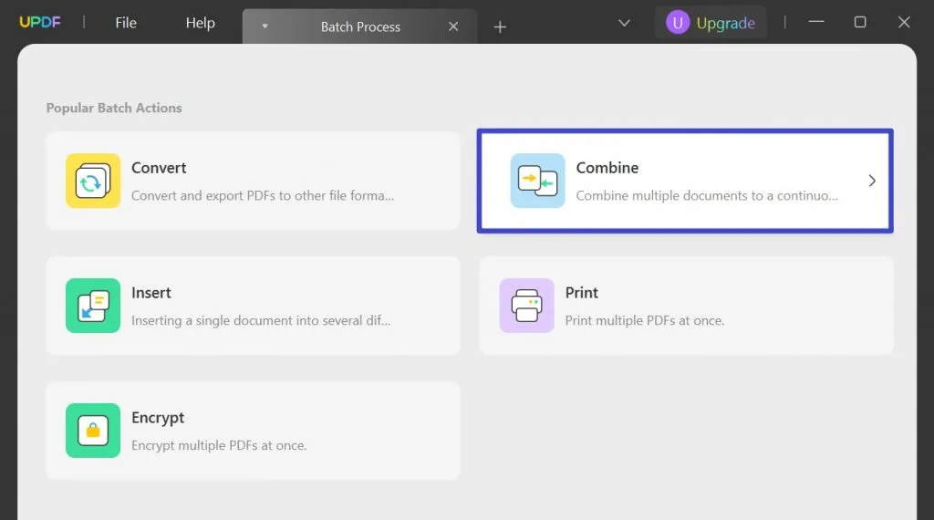 Choose batch combine to merge PDF files into one PDF