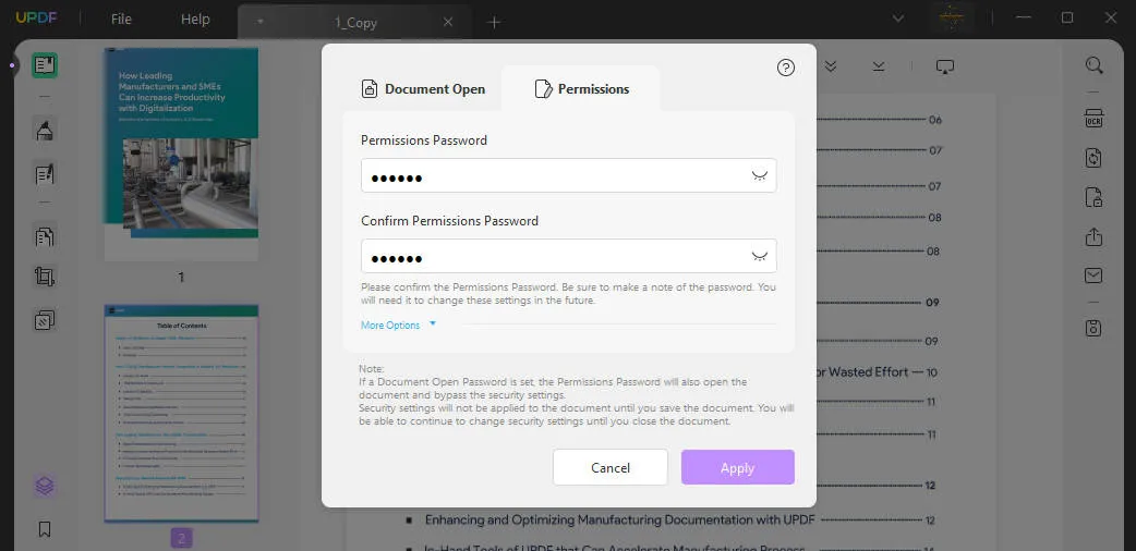 Set permission password on PDF Using UPDF