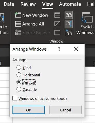 click the Arrange All button and select Vertical to compare two excel sheets