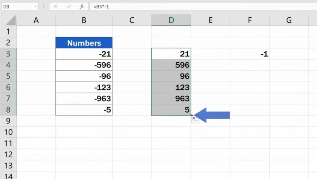 copy the formula in the cell with a positive number