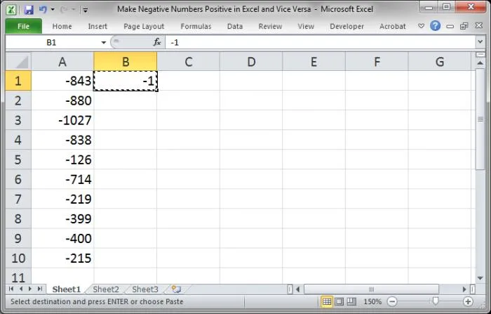 right-click on the cell with -1 to convert negative to positive in excel