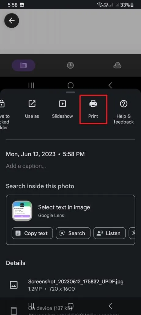 choose the print feature in Google Photos