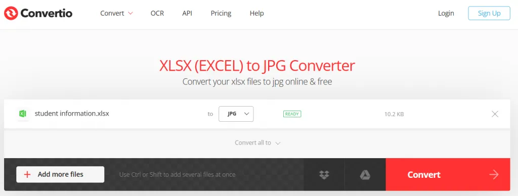 Press convert to convert xls to jpg in convertio