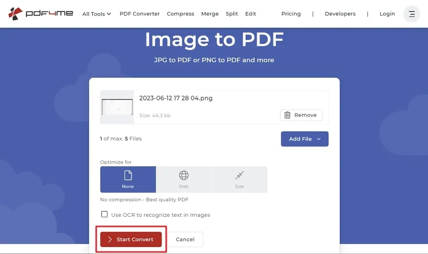Press start convert button for PDF4me
