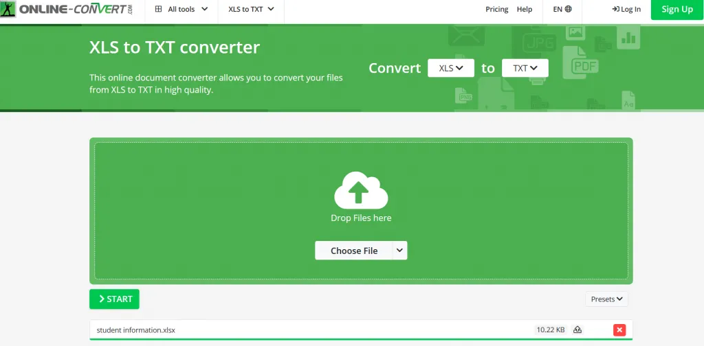 Start to  Convert Excel to TXT File Via Online-Convert