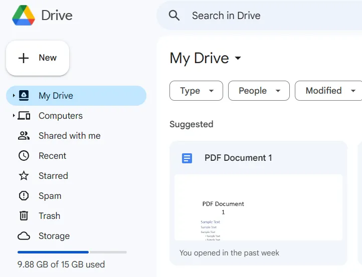 Open google drive and find word document