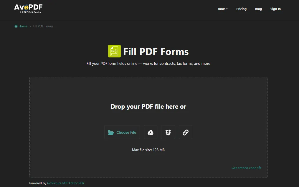 AvePDF online PDF filler user interface