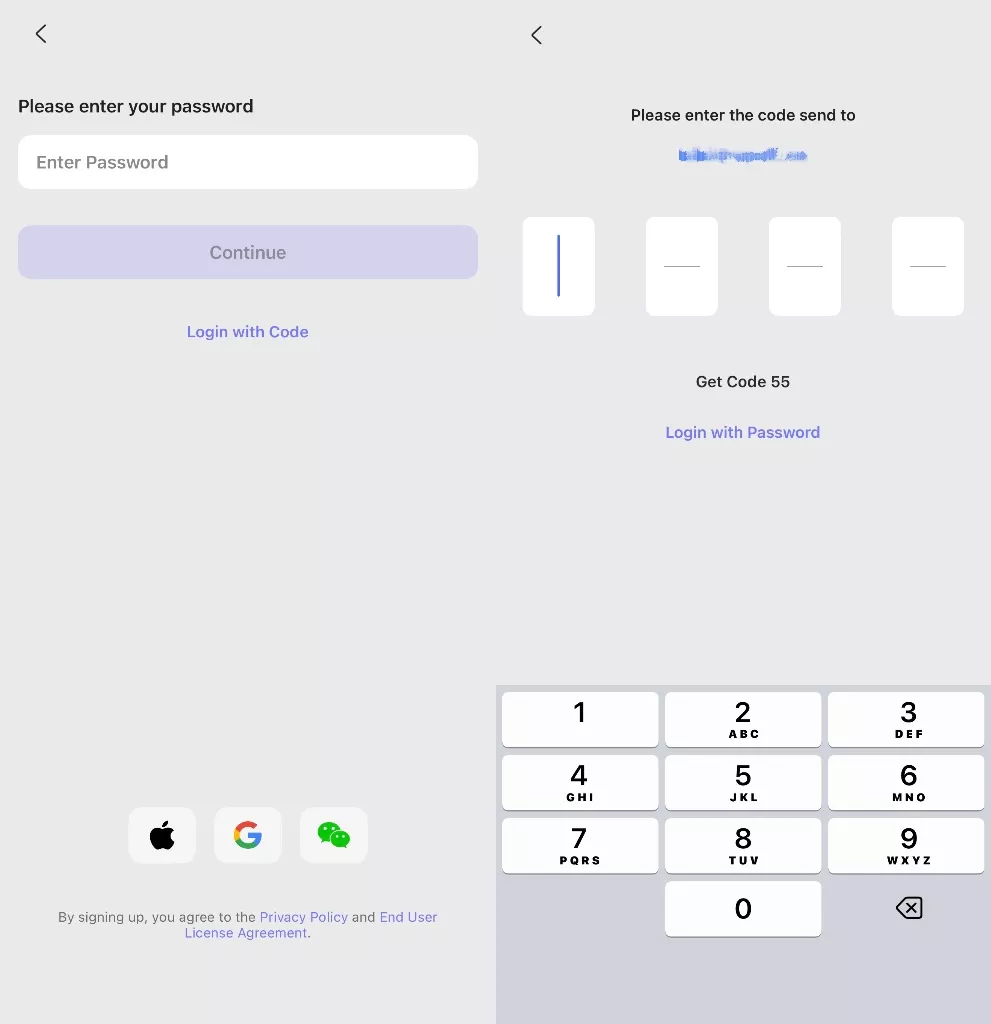 enter password or code