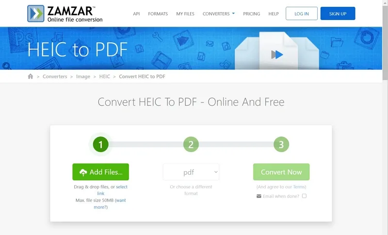 Convertir HEIC en PDF sur Zamzar