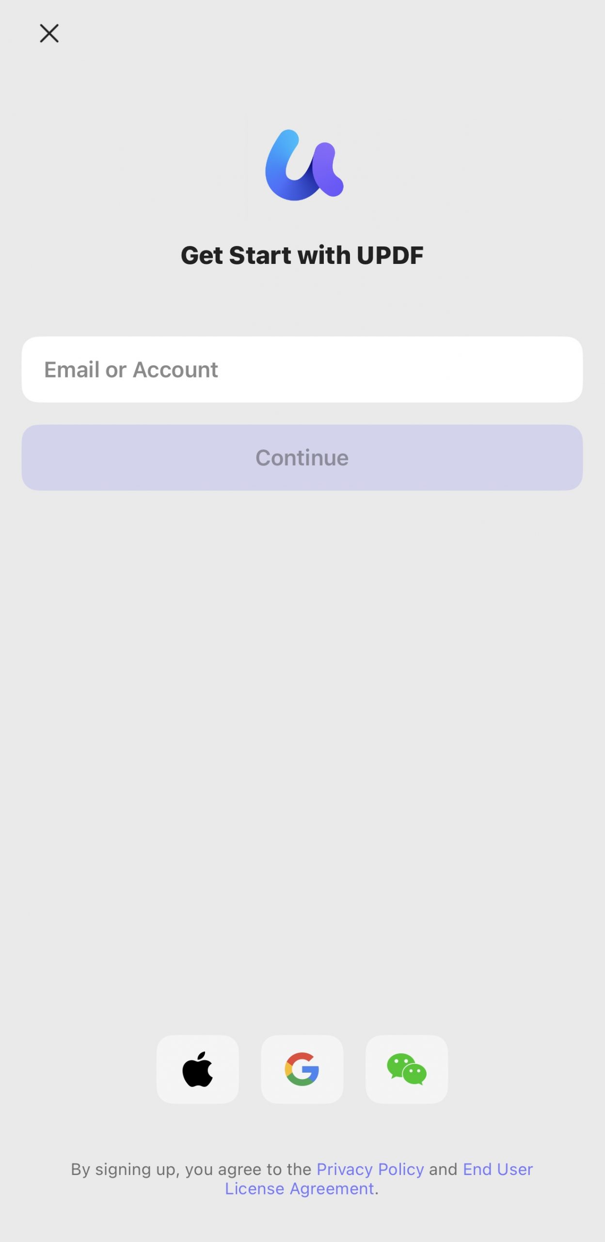 log in updf with account