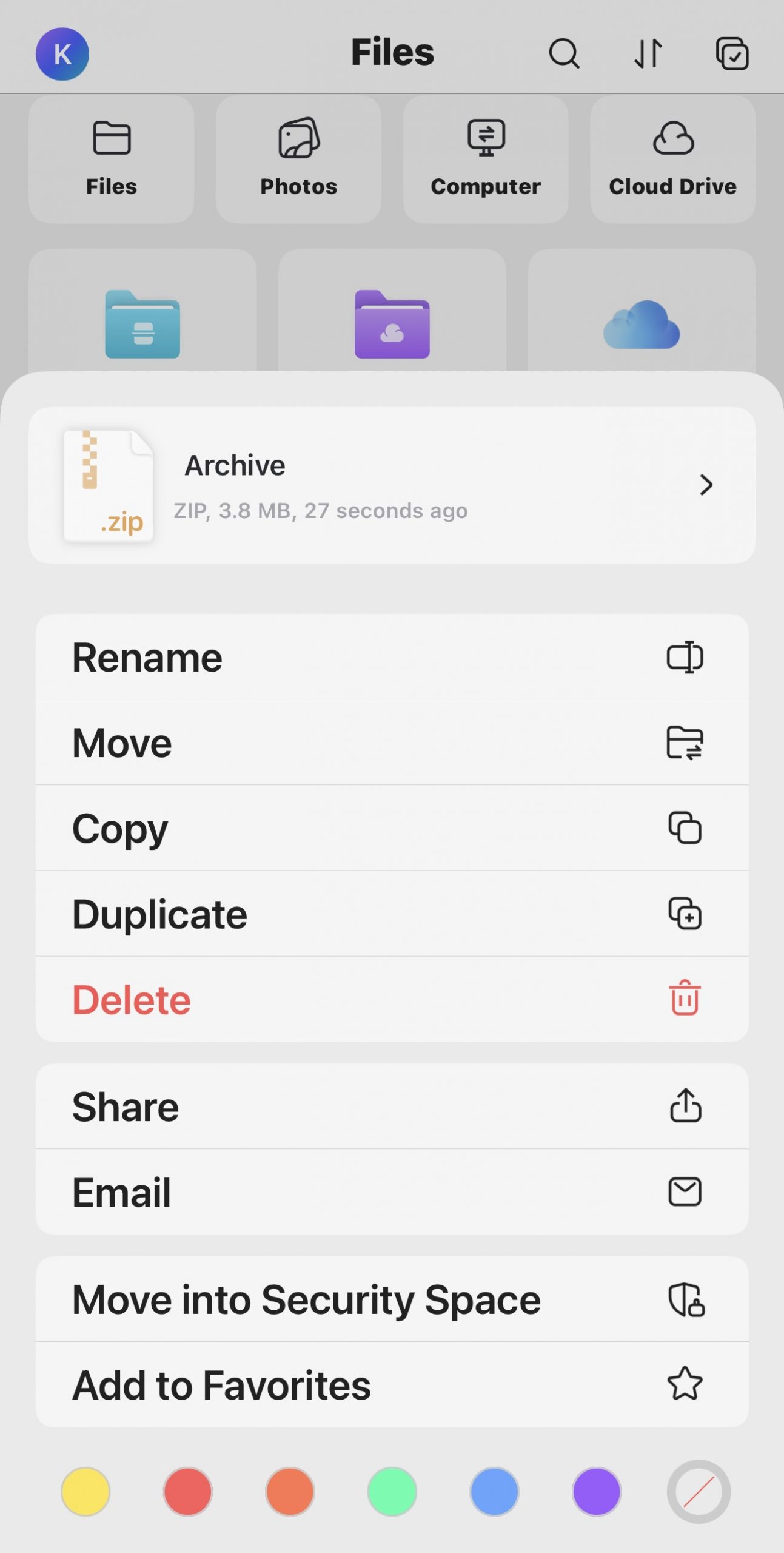 perform other options to the zip file
