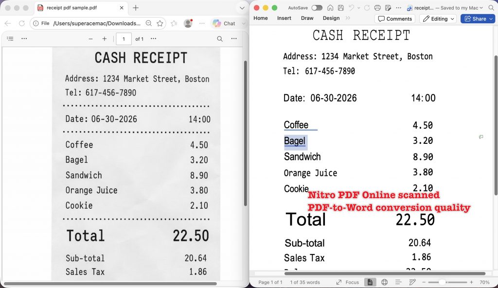 Nitro PDF Online scanned PDF-to-Word conversion quality