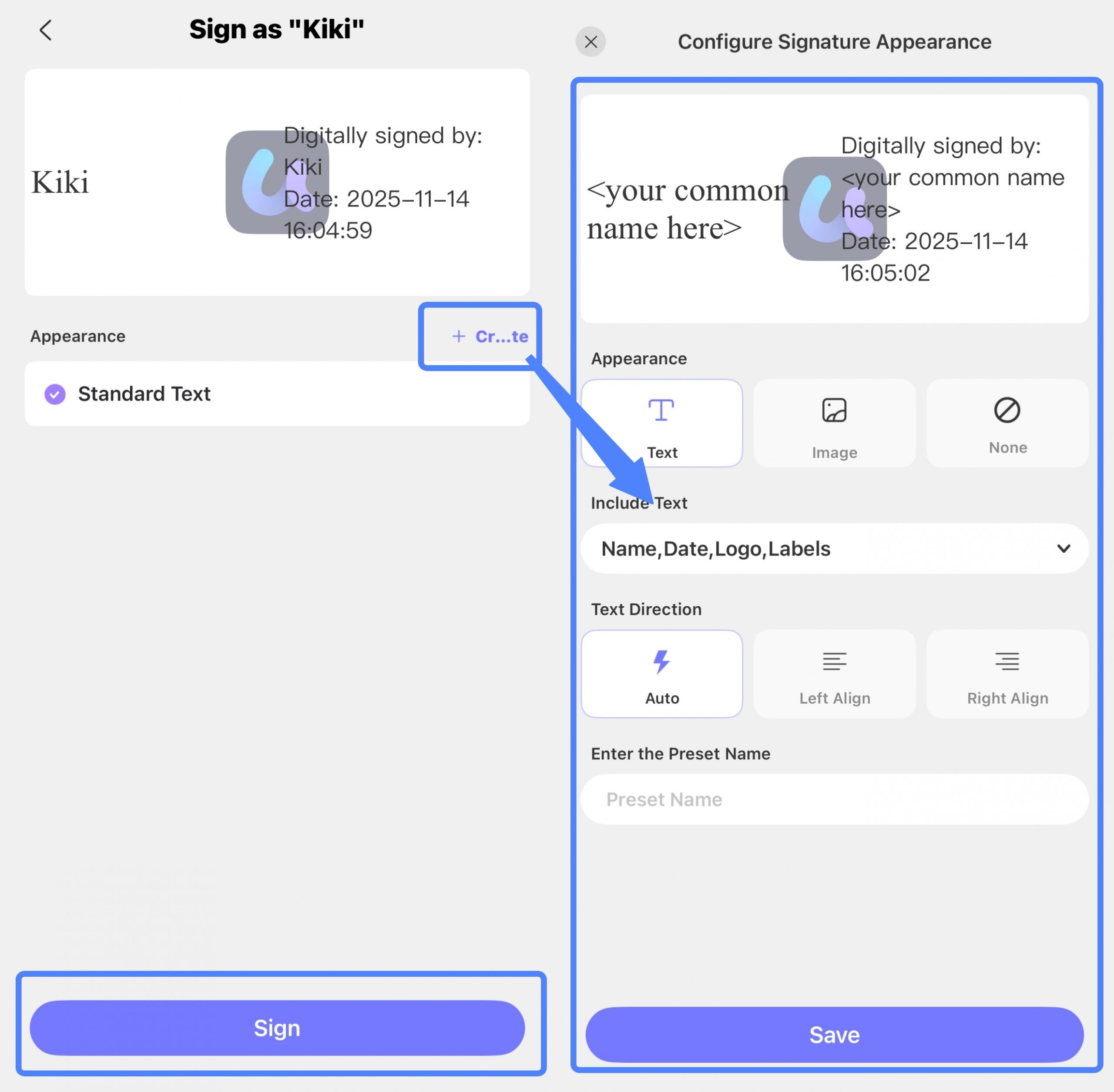 configure signature appearance