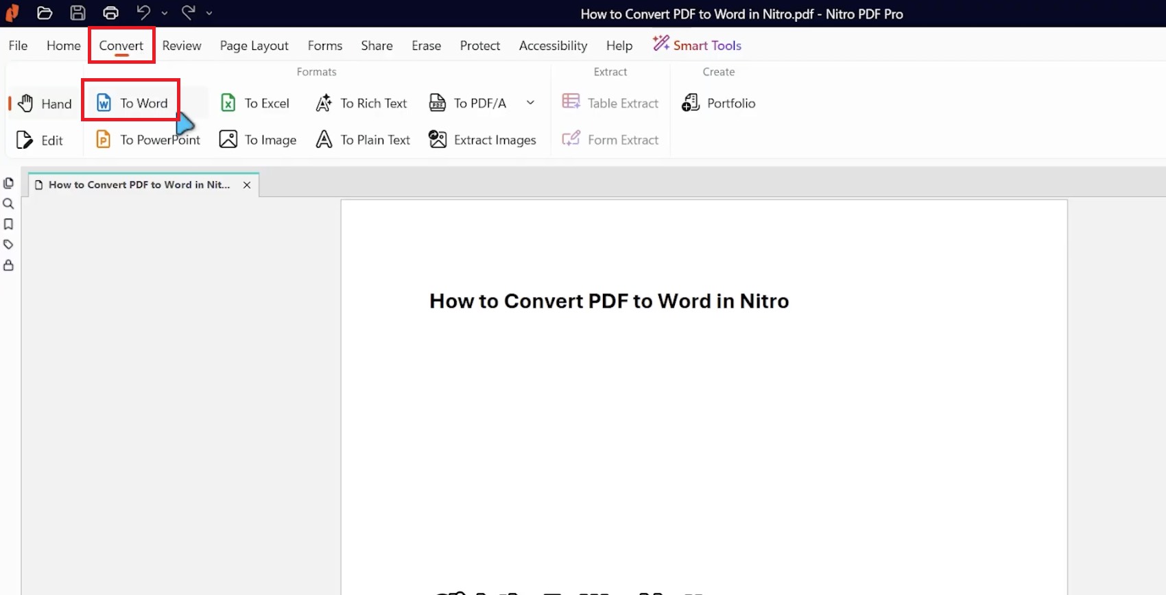 in nitro top ribbon select the convert tab