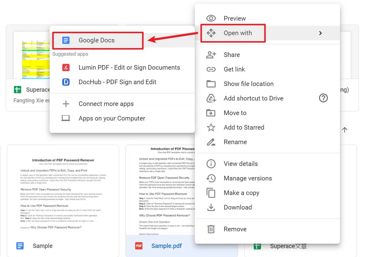 Choisir "Ouvrir avec" > "Google Docs"