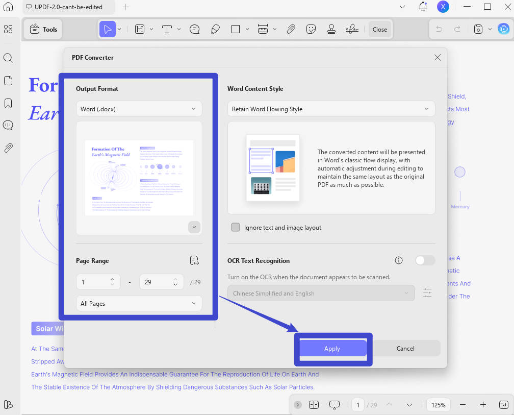 adjust settings and click export to pdf to word updf