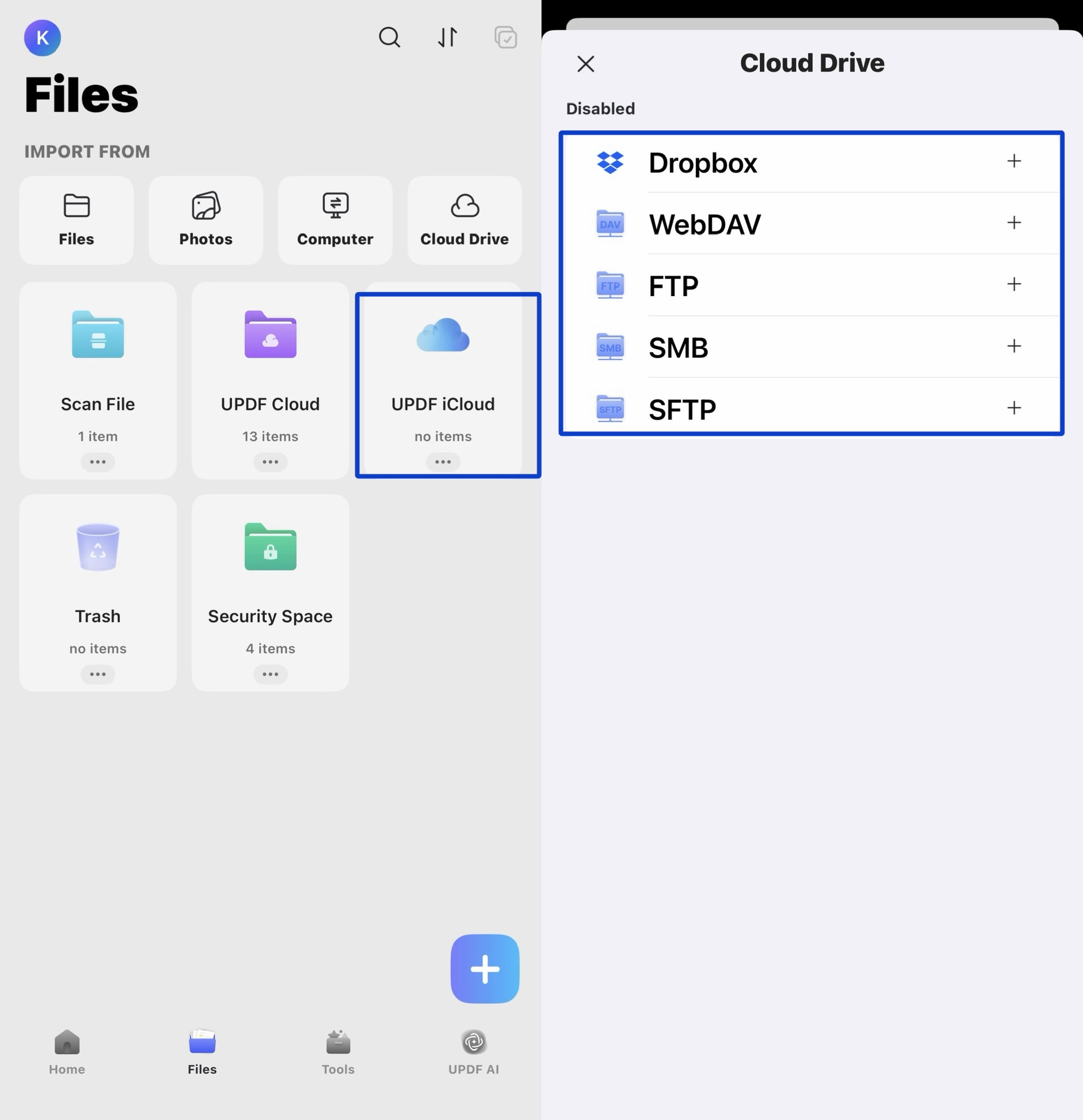 pull photos directly from iCloud or Dropbox into updf