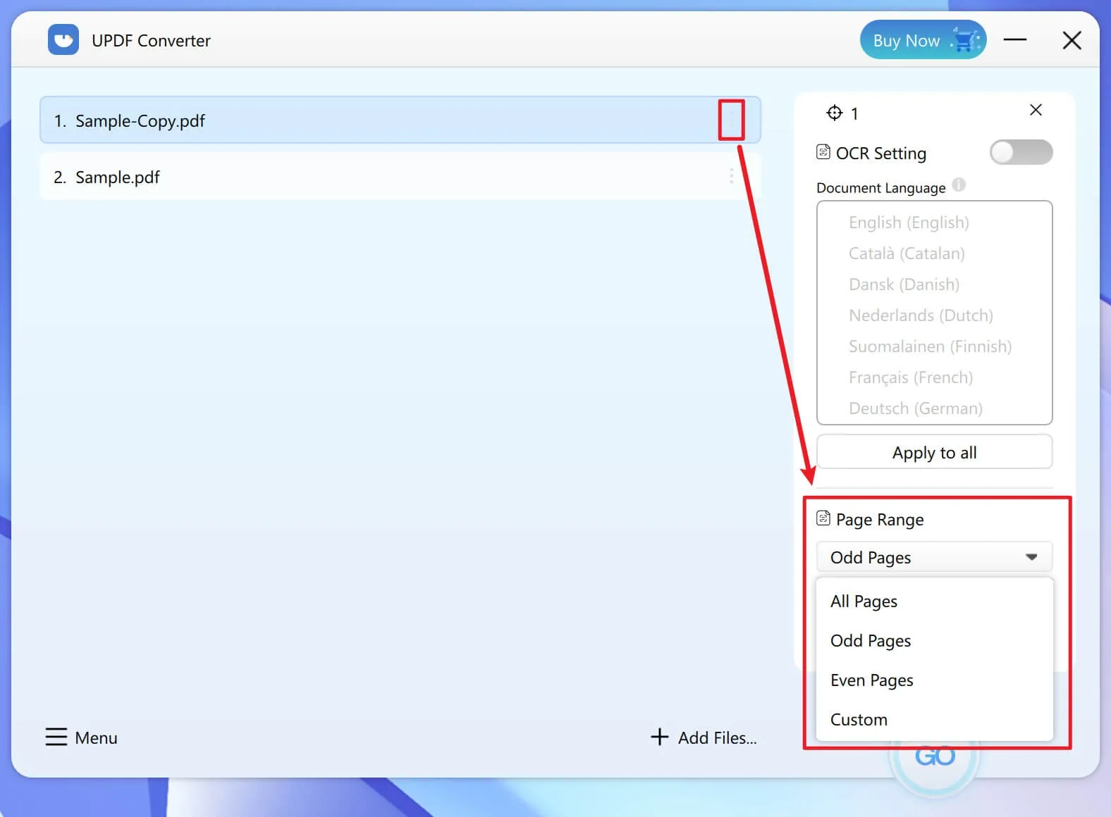 set conversion page range