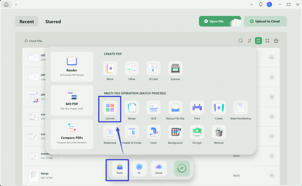 Use Convert​ on the UPDF home screen to process many files at once.