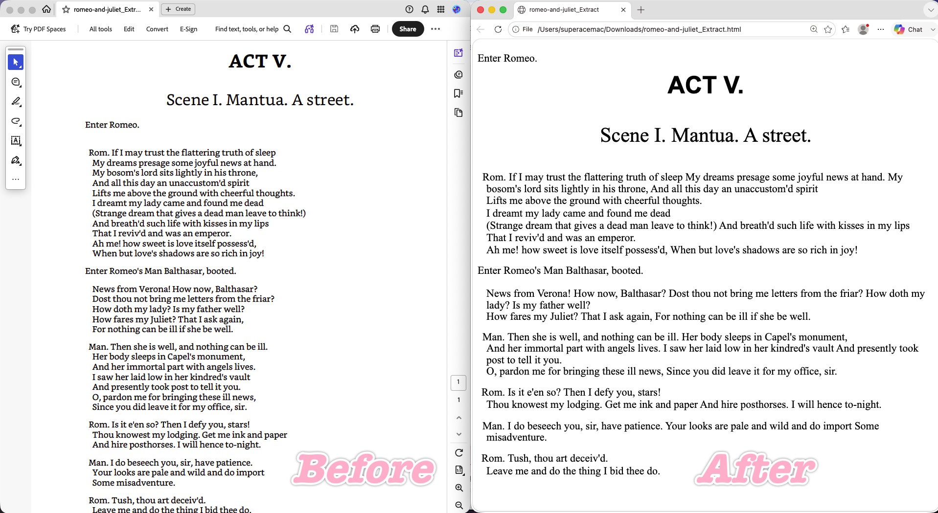 acrobat converts to html before and after