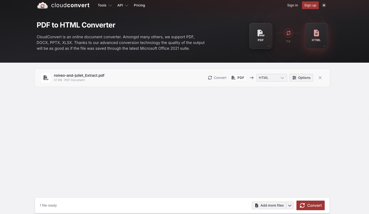 cloudconvert converts to html steps
