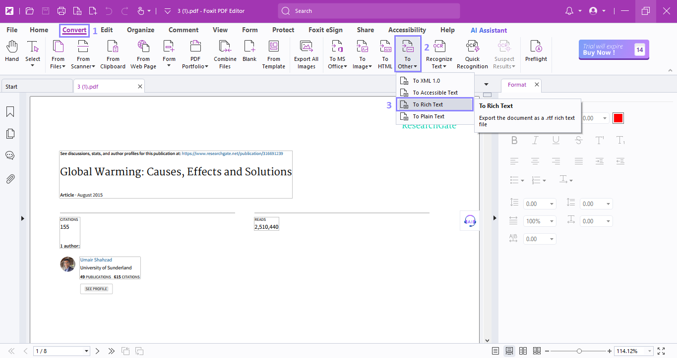 convert pdf to rtf using foxit