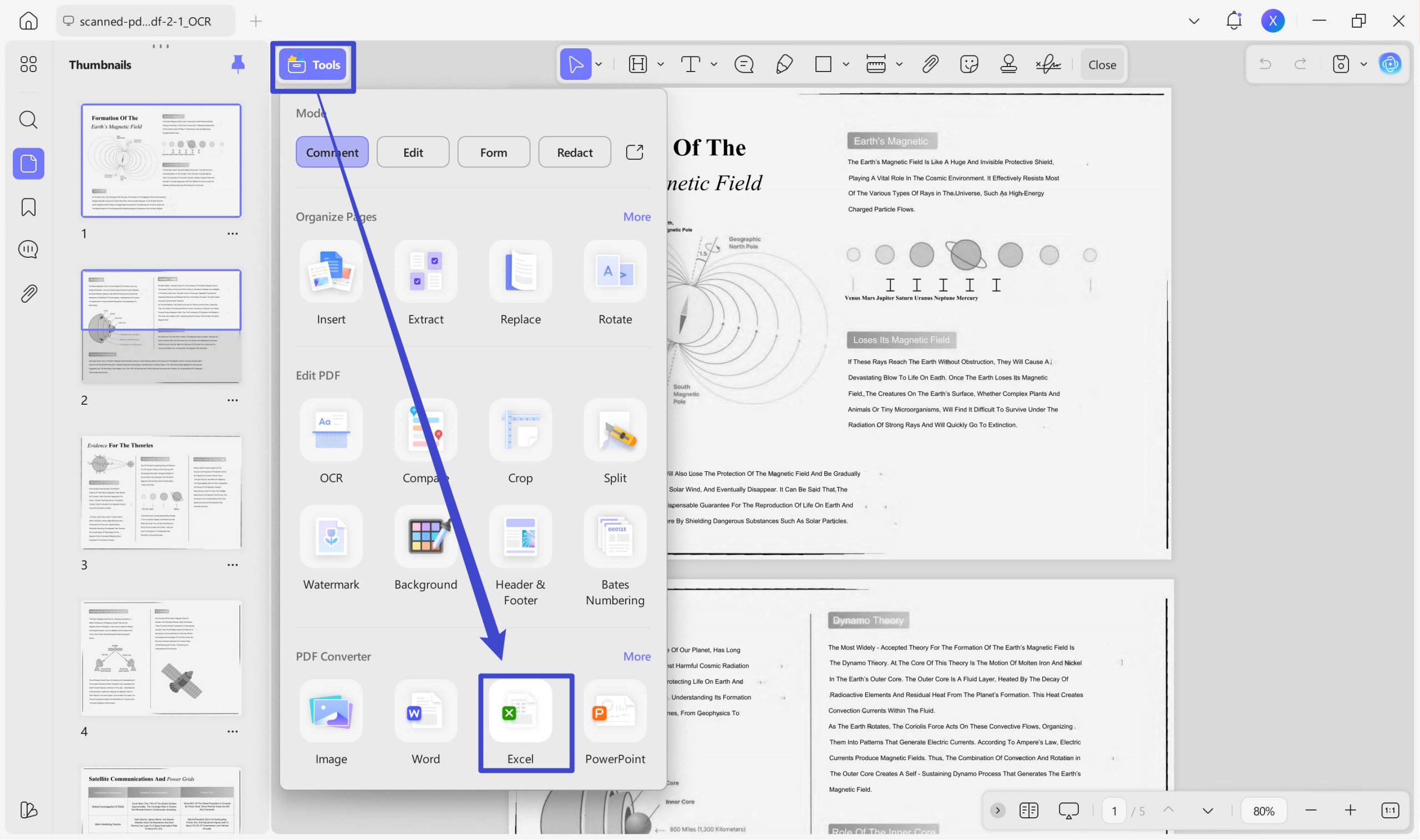export scanned pdf as excel in updf on windows