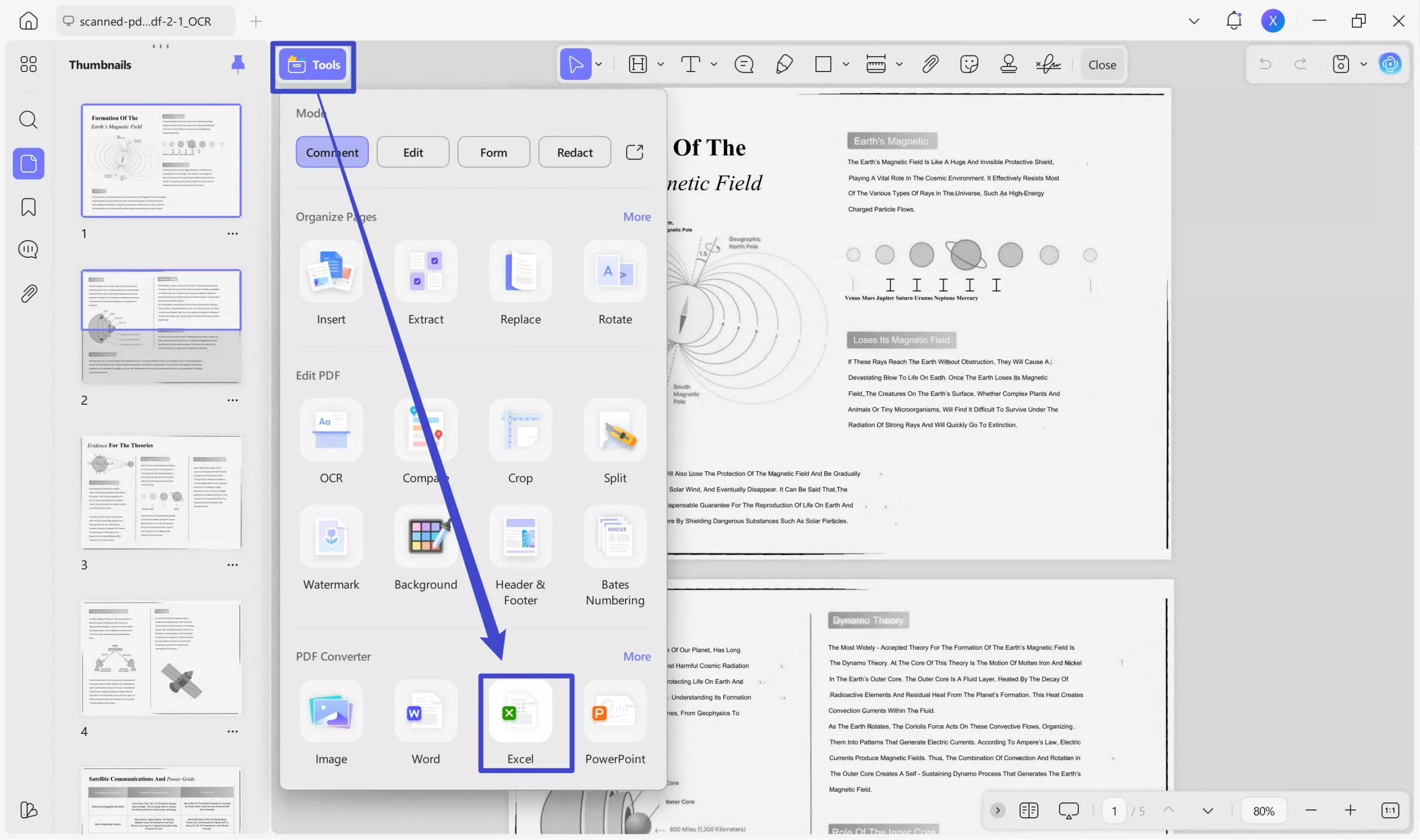 export scanned pdf as excel in updf on windows