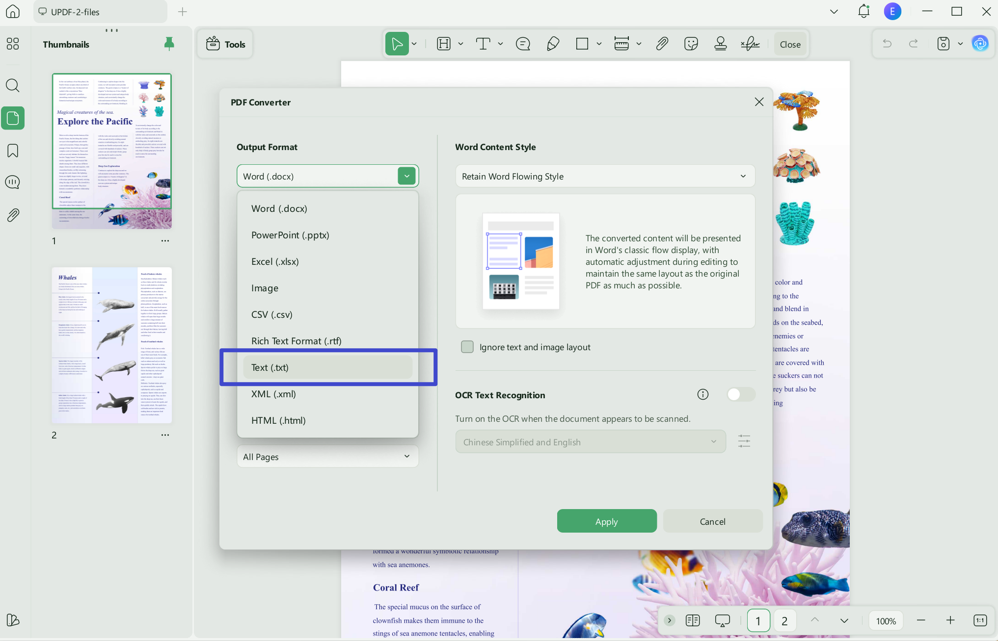 click the "Export PDF" icon from the right sidebar and choose "Text (.txt)".