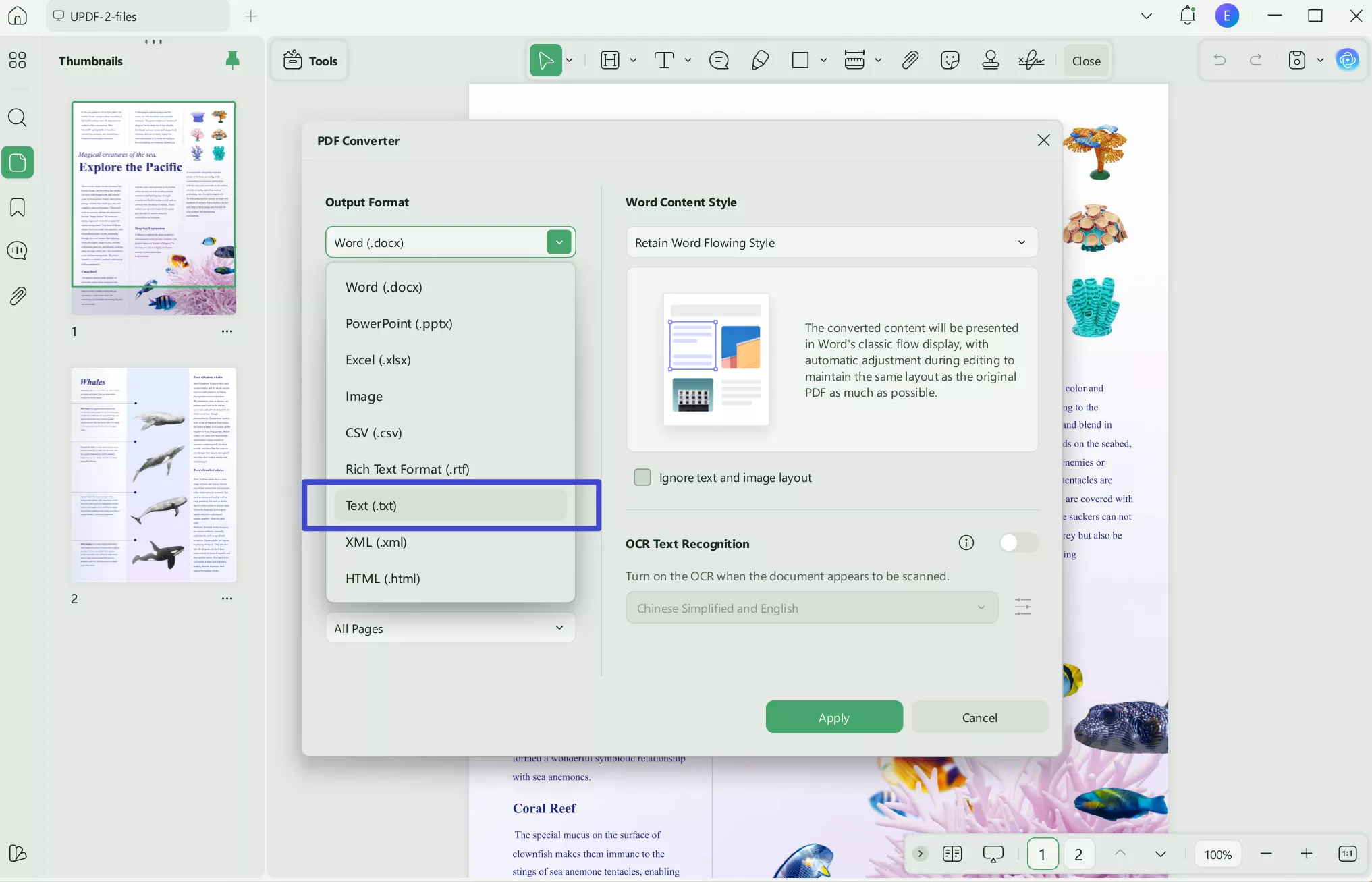 click the "Export PDF" icon from the right sidebar and choose "Text (.txt)".
