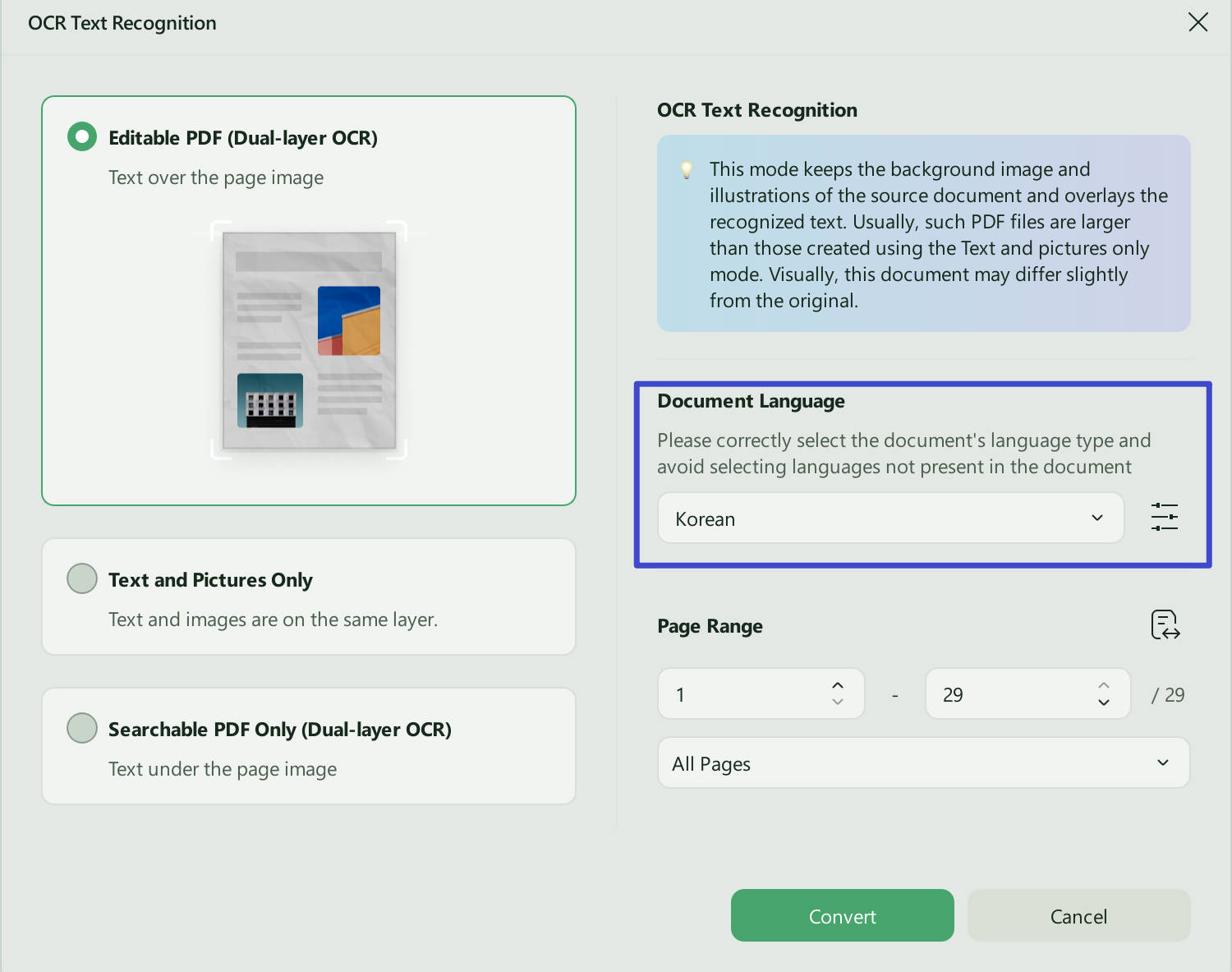 ocr settings to convert scanned pdf to editable pdf