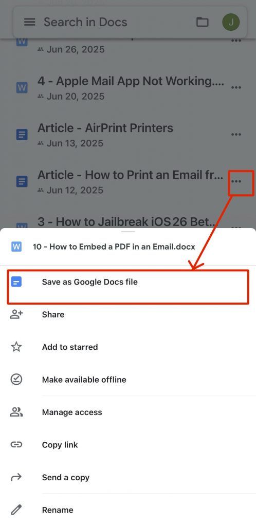 google docs app save docx file as google docs file