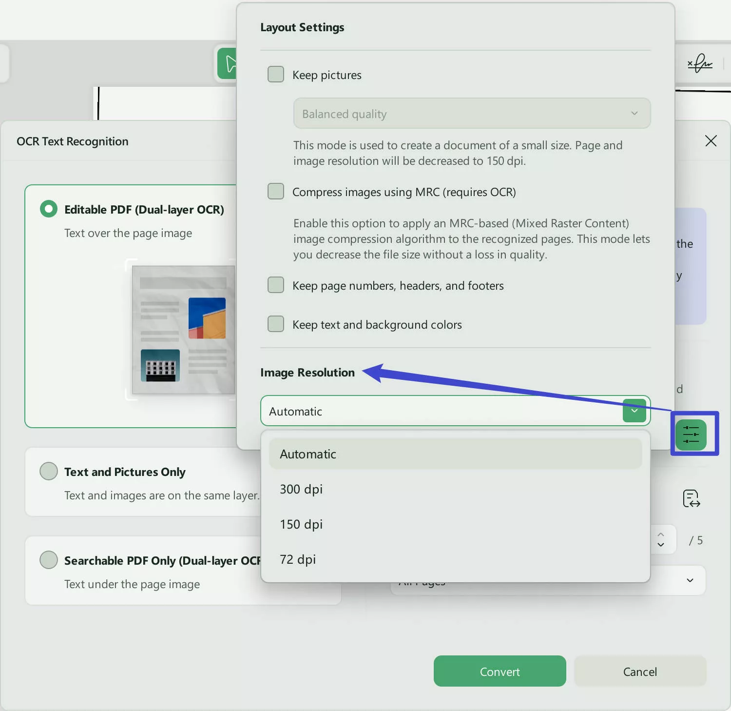 ocr settings to convert scanned pdf to editable pdf