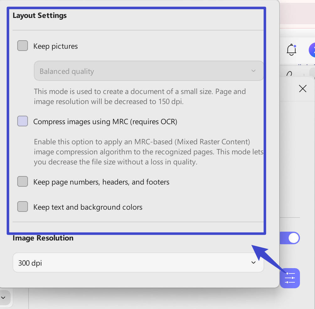 open layout settings convert pdf