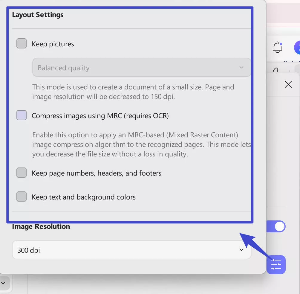 open layout settings convert pdf
