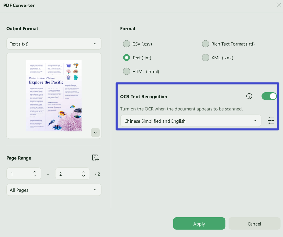 Toggle on "Text Recognition Settings",  and click "Export".