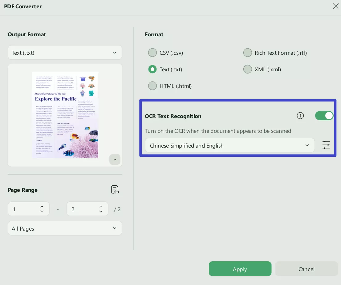Toggle on "Text Recognition Settings",  and click "Export".