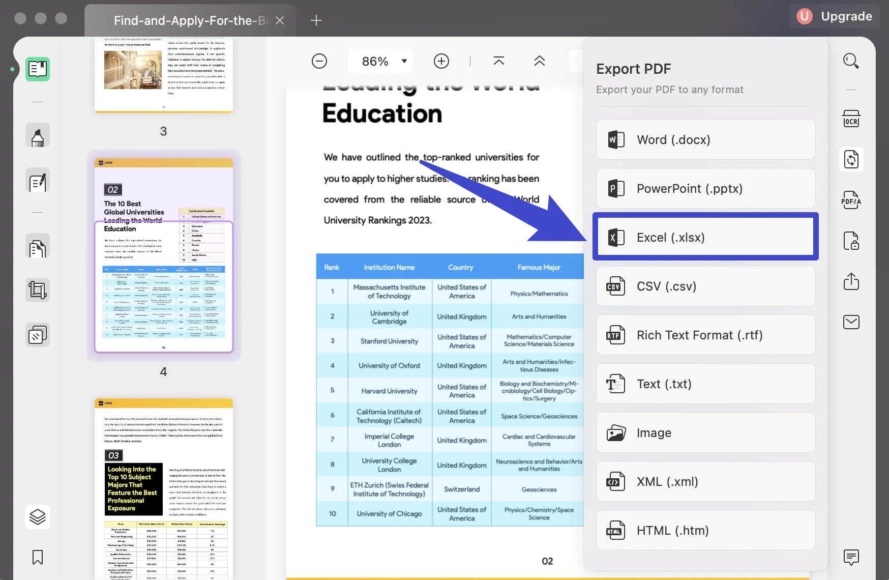 trasformare pdf in excel mac con updf