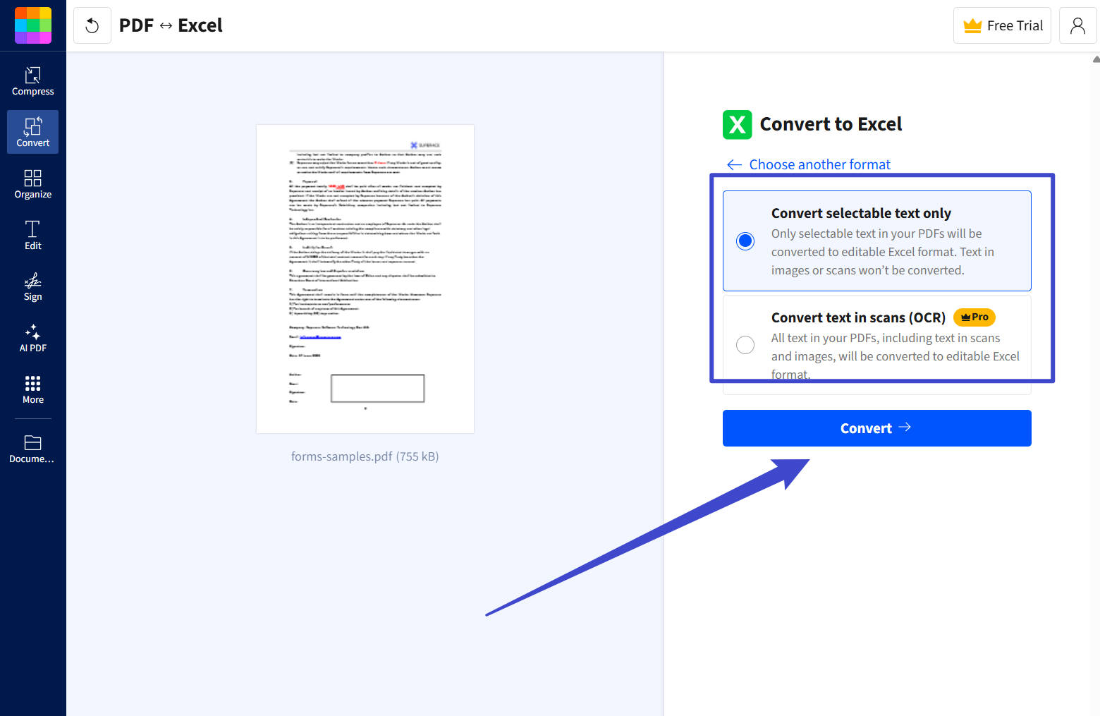 PDF to excel with smallpdf