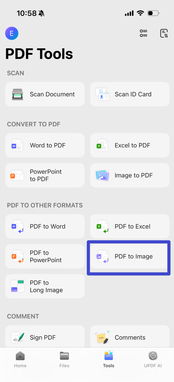 Click "Tools" at the bottom, in the "PDF TO OTHER FORMATS" section, choose " PDF to Image".