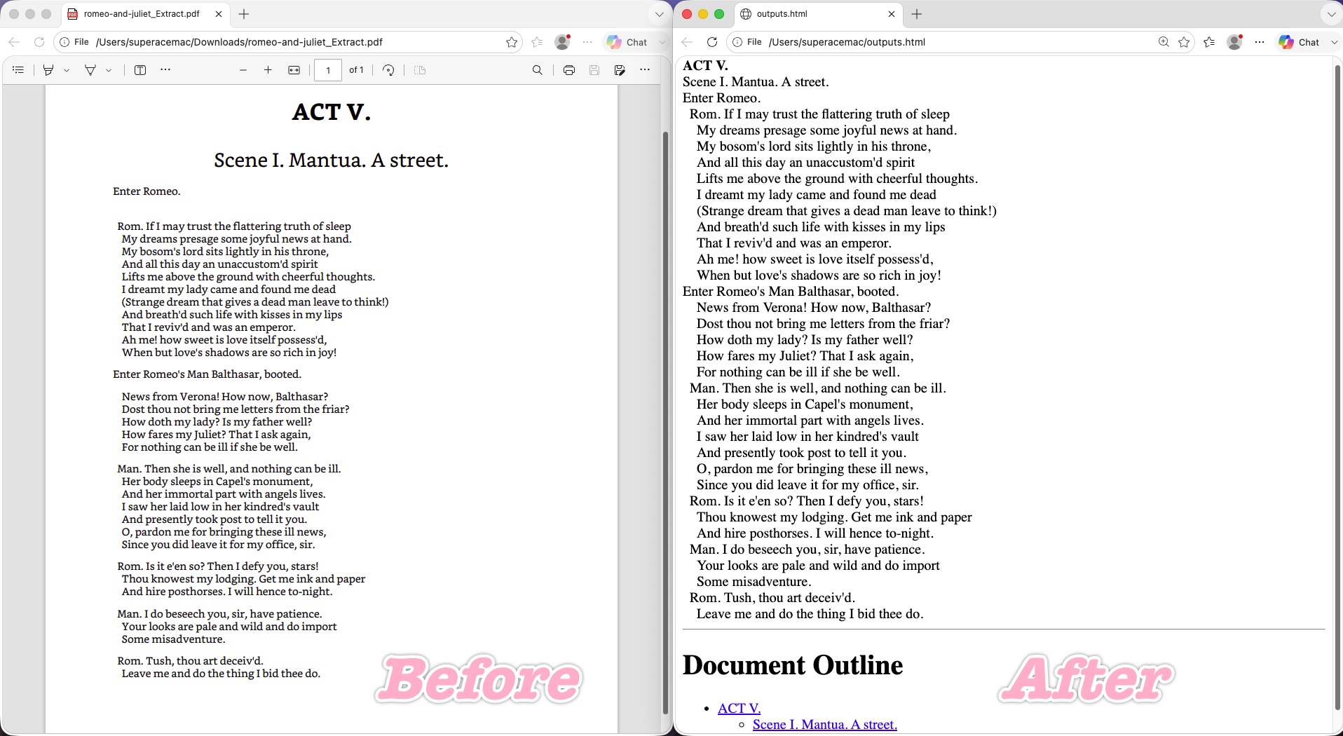 pdftohtml command line converts to html before and after