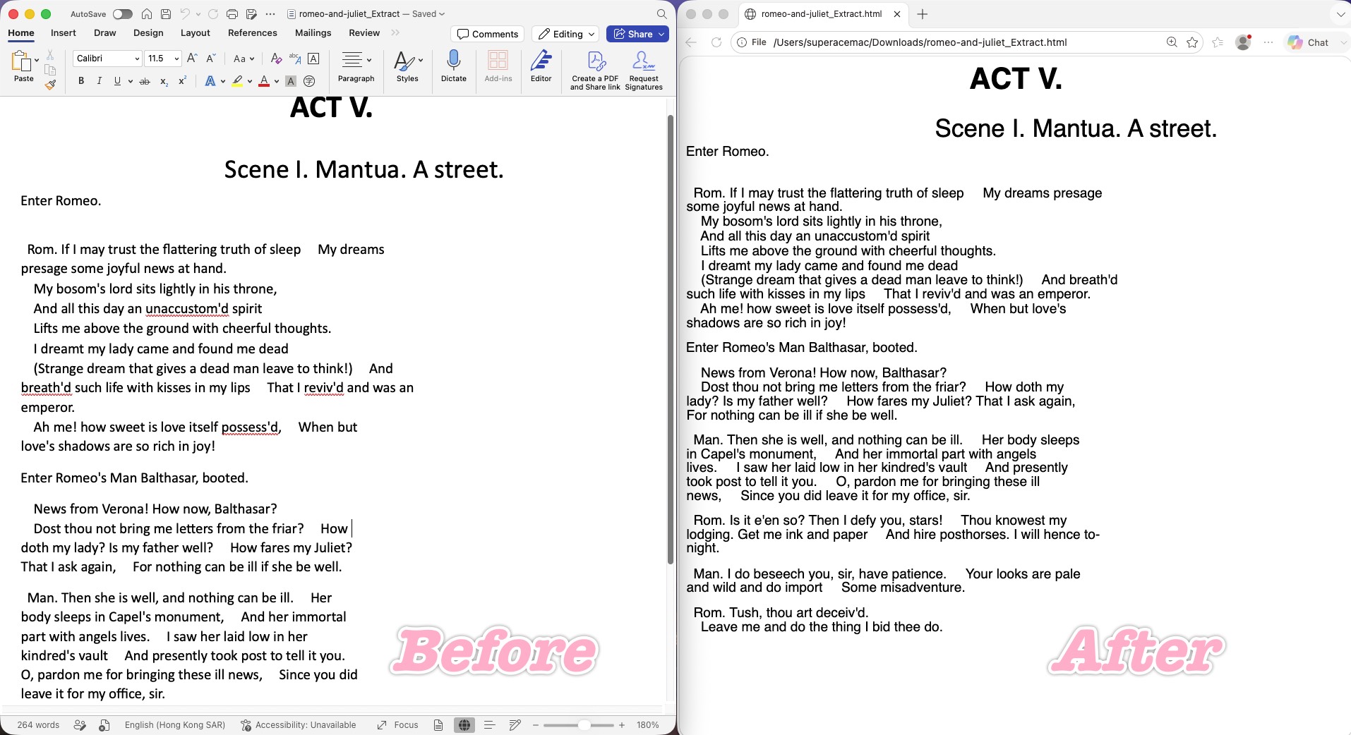 word converts to html before and after