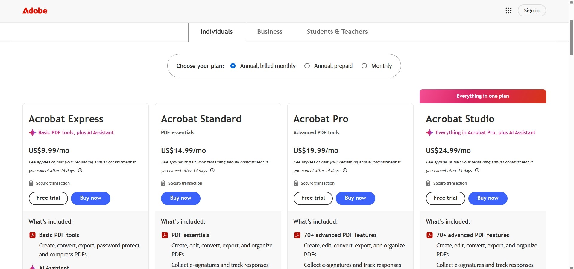 Adobe PDF Editor Online pricing
