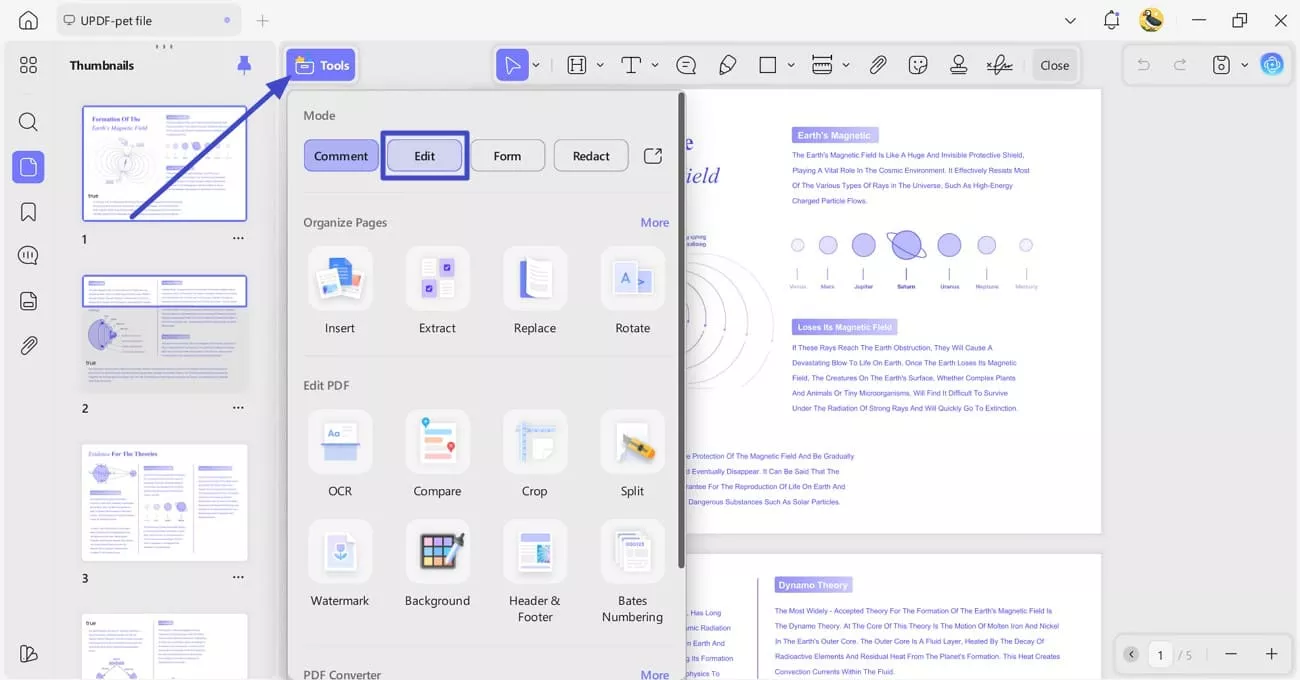 open edit tab in updf