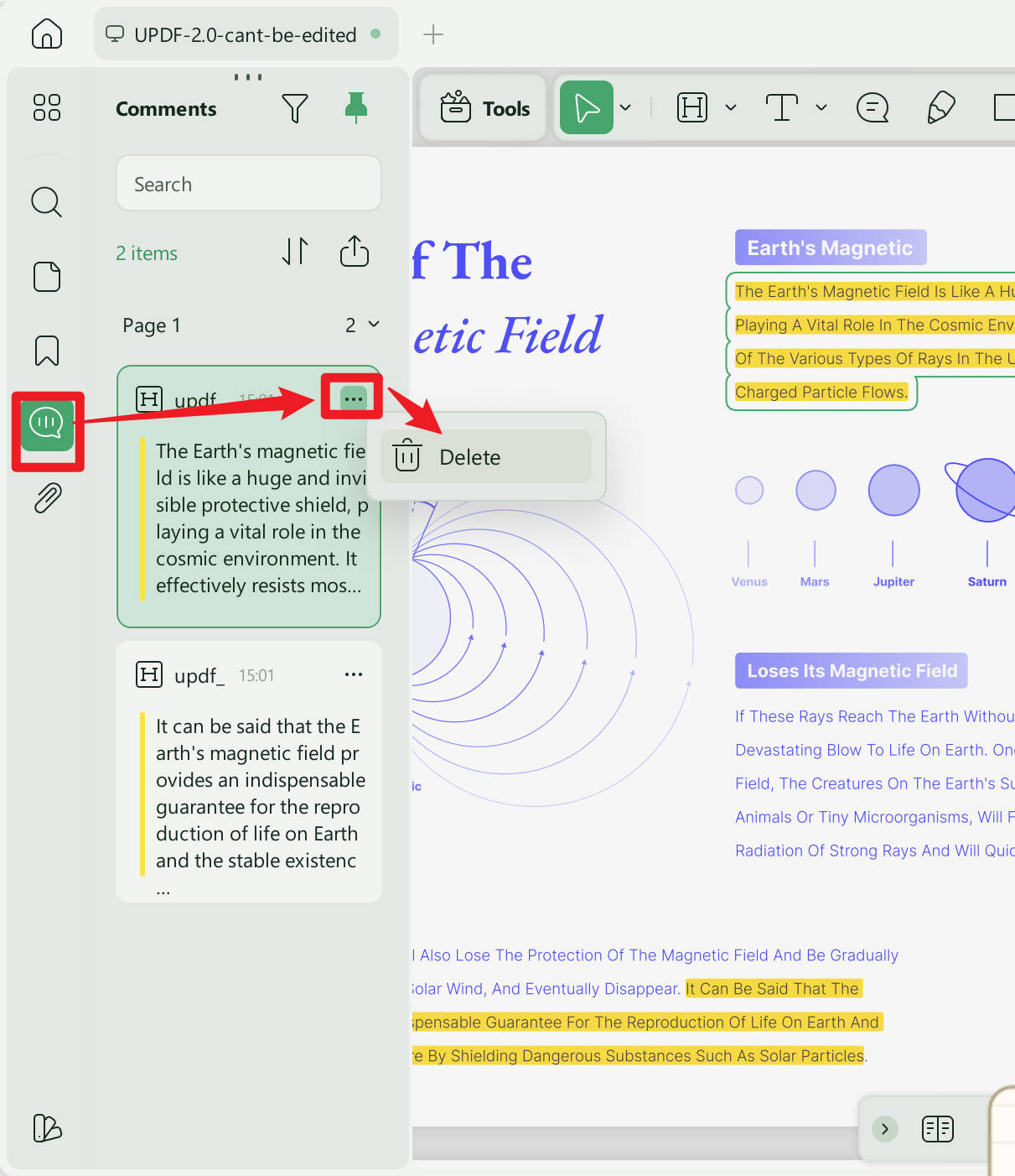 delete the highlight from pdf on the comment list