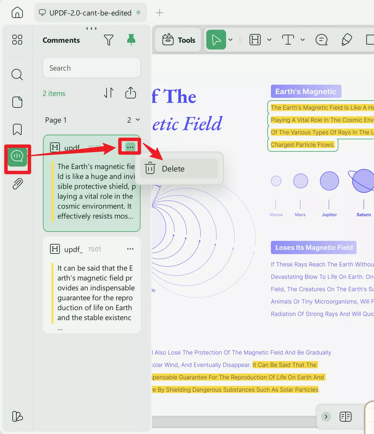 delete the highlight from pdf on the comment list