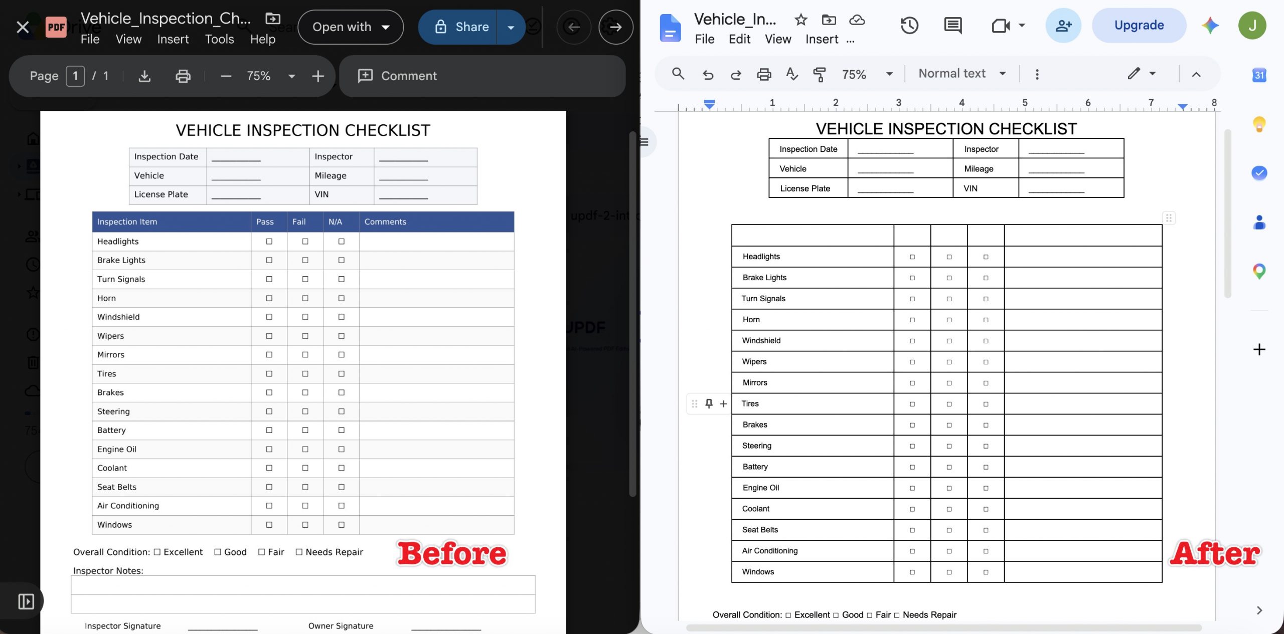 open pdf with google docs before and after