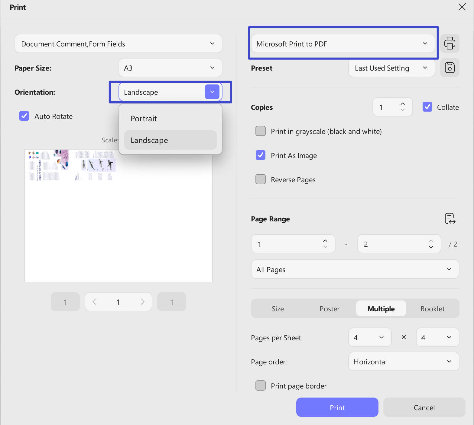 rotate PDF when printing