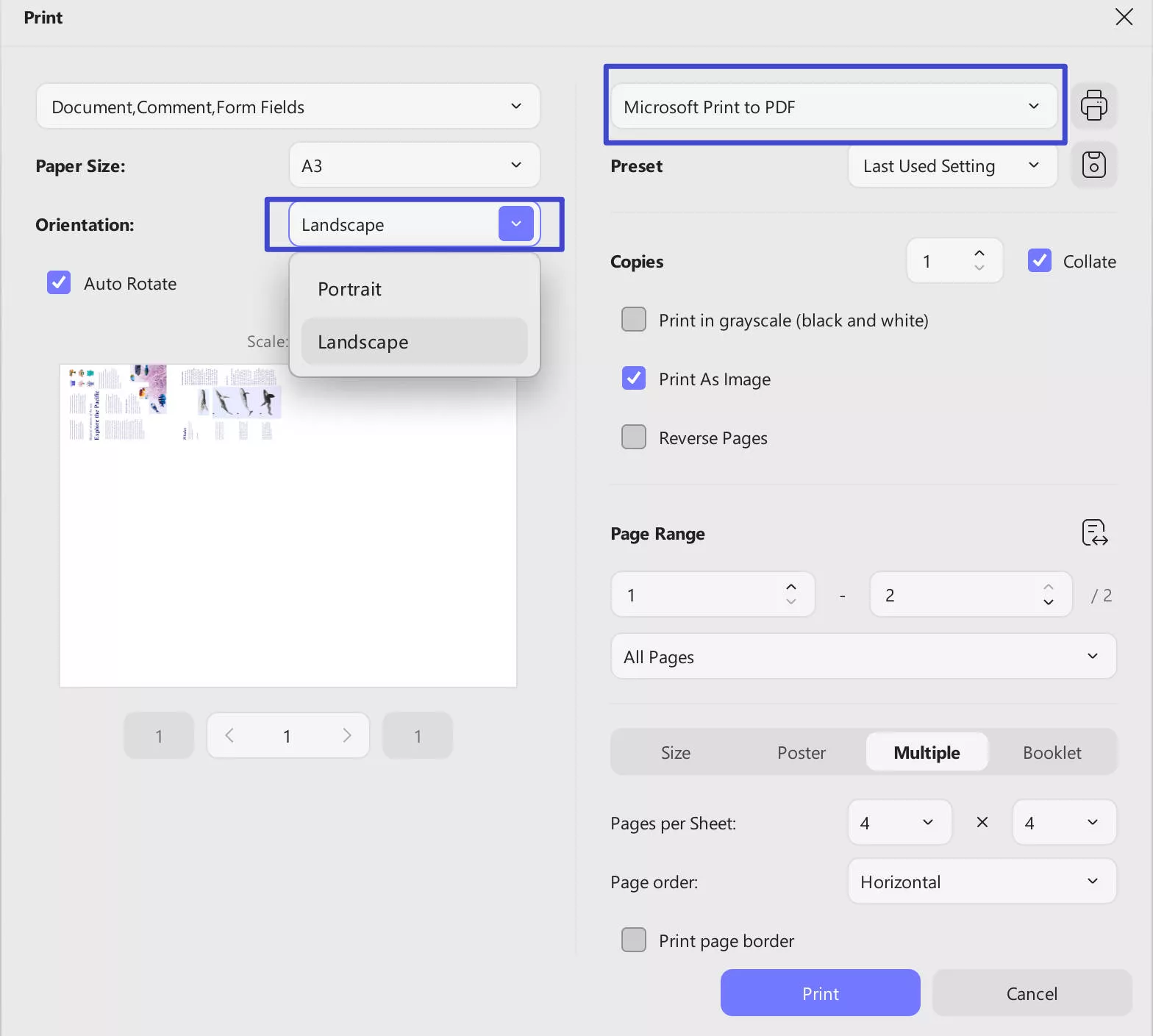 rotate PDF when printing
